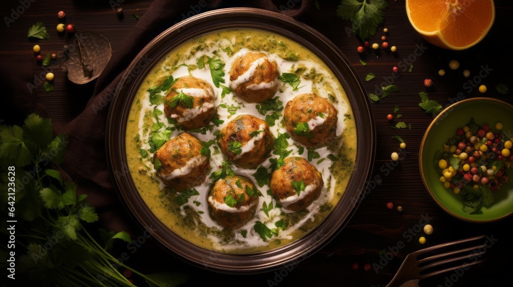 food photograph of indian malai kofta top-down shot, 16:9, copy space