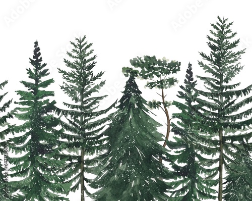 Watercolor seamless border with trees  pine  fir. Trees seamless background.