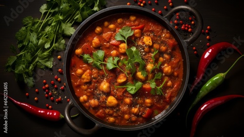 food photograph of indian dish Chana Masala, high resolution, 16:9 format, copy space 