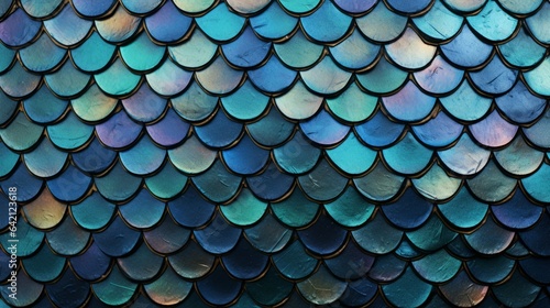 Close up of fish scales, colors blue, green, pink high quality, copy space, 16:9