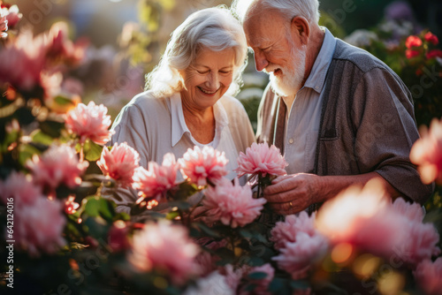 A senior couple lovingly tends to their vibrant garden, cultivating beauty in their peaceful oasis