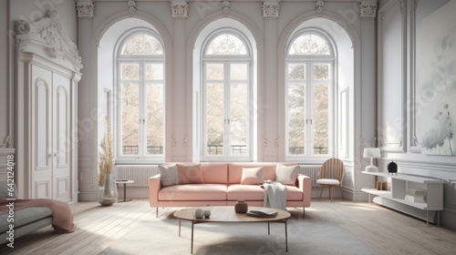 interior, living room in a victorian architectural style, clean modern design featuring pastel color scheme, beautiful light, bright room, high quality, 16:9 © Christian