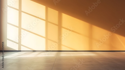 minimal abstrac light  blurry yellow orange background modern office  shadow und light from windows on wall  for product placement  high quality  16 9