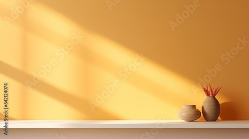 minimal abstrac light, blurry yellow orange background modern office, shadow und light from windows on wall, for product placement, high quality, 16:9