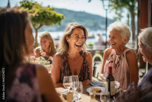 A senior woman enjoys quality time with friends at a cozy outdoor cafe