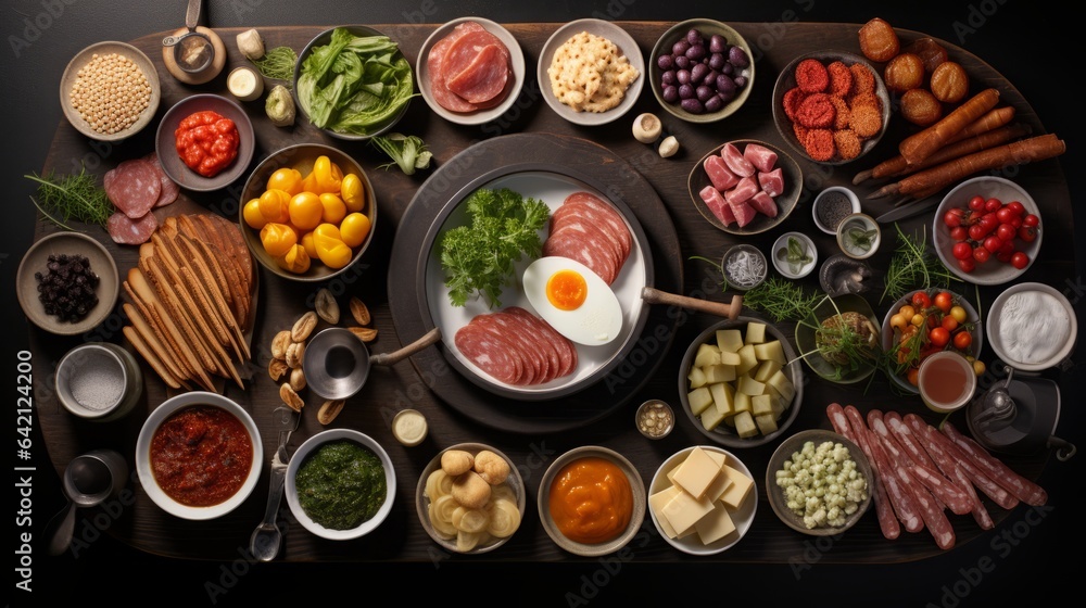 Food photograph showing a knolling, flatlay of typical german dishes ( Salami, cheese, bread, vegetables ), high quality, 16:9 Food photograph showing a knolling, flatlay of typical german dishes ( Salami, cheese, bread, vegetables ), high quality, 16:9