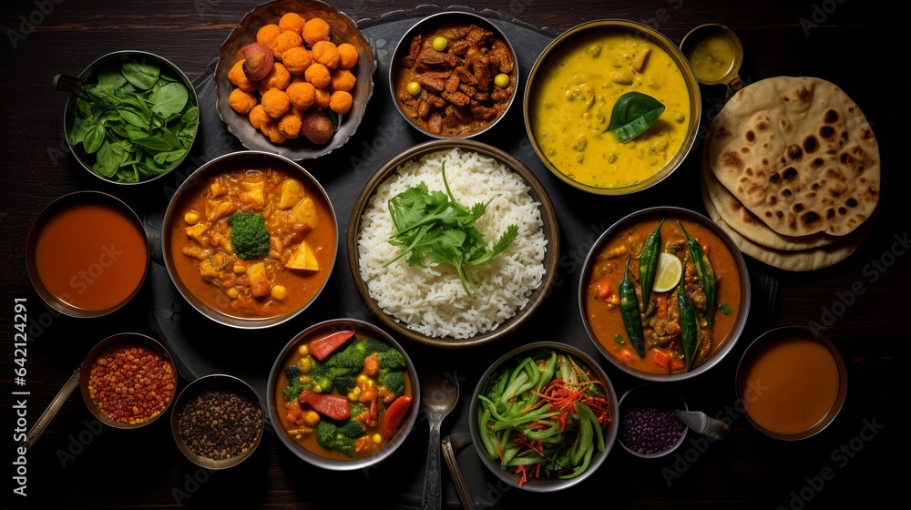 professional food photograph showing a knolling, flatlay of typical indian dishes ( rice, curry, bread ) high quality, 16:9 format, restaurant placement