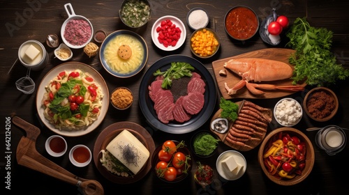 Food photograph showing a knolling, flatlay of typical german dishes ( Salami, cheese, bread, vegetables ), high quality, 16:9
