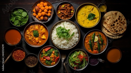 professional food photograph showing a knolling, flatlay of typical indian dishes ( rice, curry, bread ) high quality, 16:9 format, restaurant placement