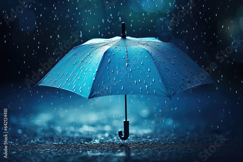close-up of blue umbrella with heavy rain, ai generated