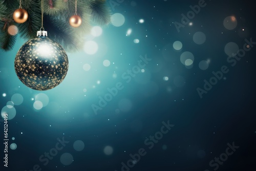 Photo with copy space. Christmas background with fir tree and festive decoration on blue background.