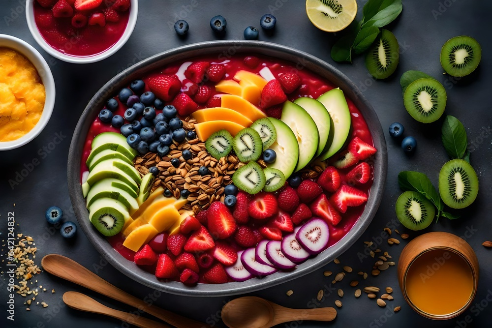 Create an image of a colorful and refreshing smoothie bowl with an assortment of toppings - AI Generative Create an image of a colorful and refreshing smoothie bowl with an assortment of toppings - AI Generative
