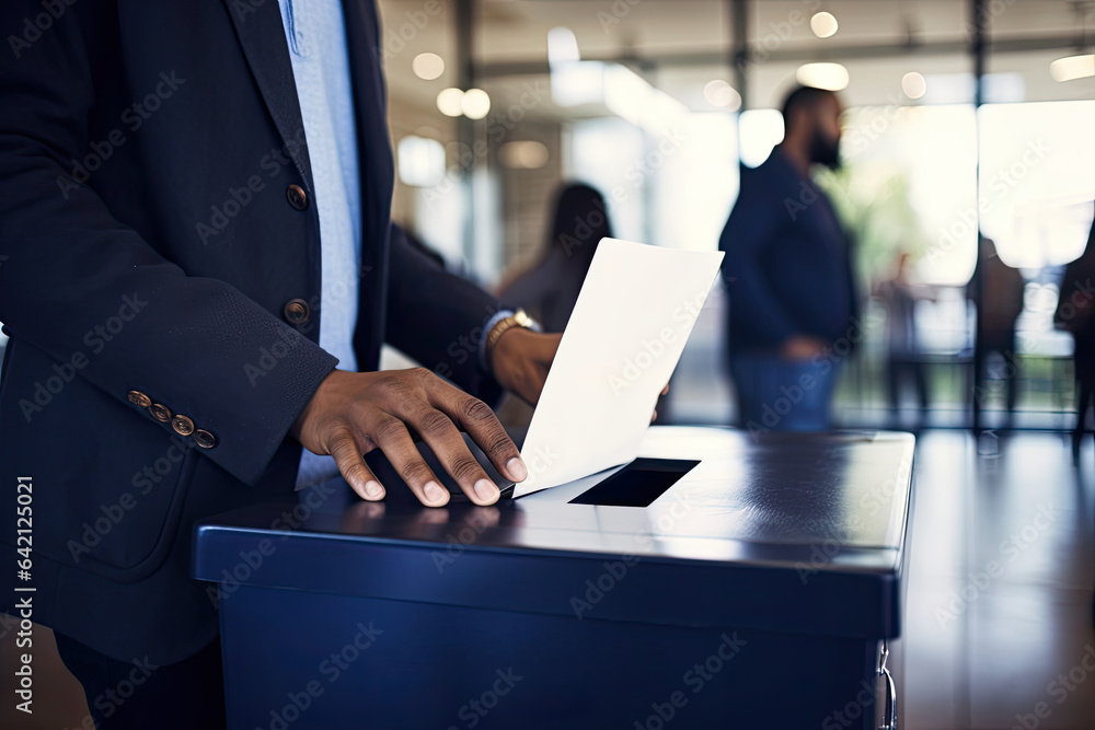 A voter exercising their democratic right by placing a ballot into the box during a political election A voter exercising their democratic right by placing a ballot into the box during a political election