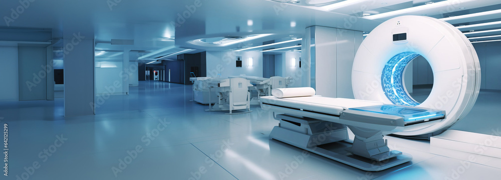 Empty high-tech modern magnetic resonance tomograph, copy space. Created with Generative Ai technology. Empty high-tech modern magnetic resonance tomograph, copy space. Created with Generative Ai technology.
