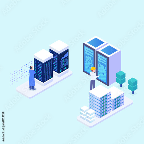 Isometric 3D Man Working in Data Center, Database Server Hosting Technical Room, Flat Vector Illustration