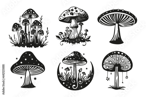 Magic mushroom and moon fairy silhouette set. Mushrooms with stars celestial vector collection art