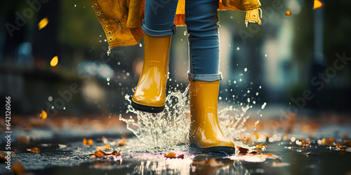  Woman In Rain Boots stock videos and footage, Yellow Rain boots in the puddle Close Up stock photo