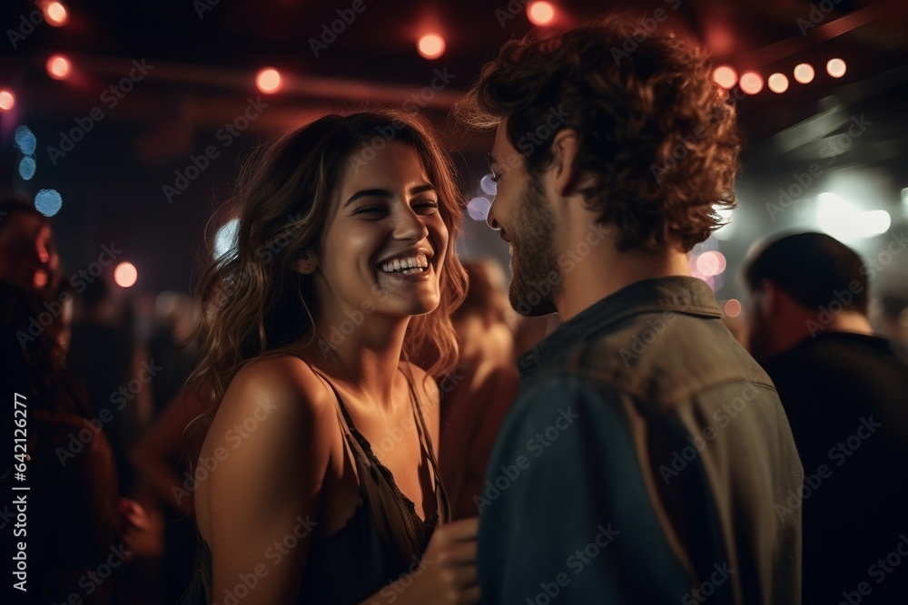 couple in love laughing and smiling in nightclub couple in love laughing and smiling in nightclub