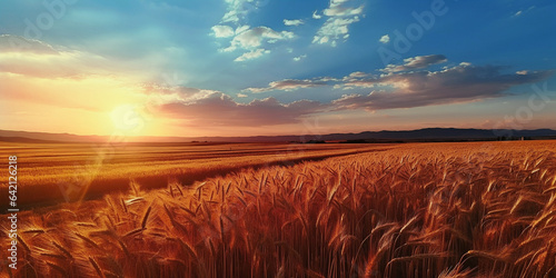 Wheat field in the sunbeams before sunset. Ears of ripe wheat before harvest © Pasko Maksim 