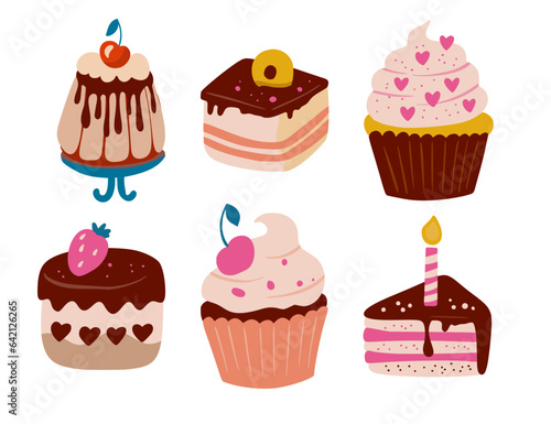Cute Cartoon simple vector birthday cake cupcake vector set. Happy holiday cream cake with candles