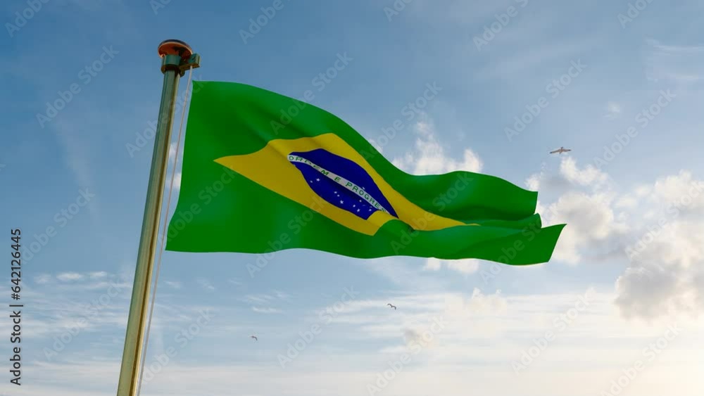 Flag of Brazil waving in the wind, sky and sun background. Brazil Flag ...