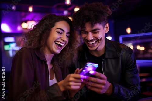 male and female in love smiling and happy in club