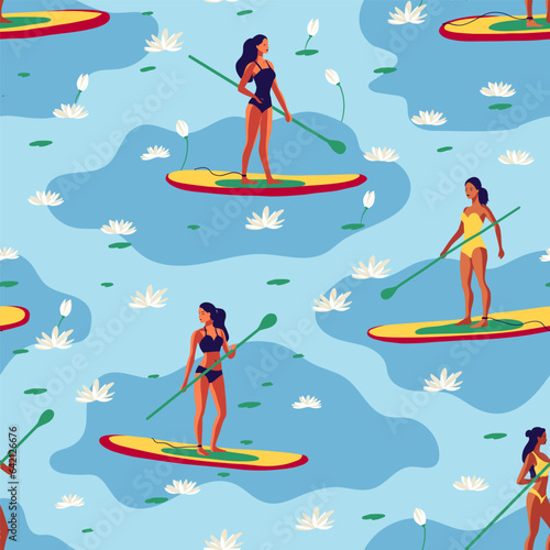 Woman on a SUP board on the lake among water lily flowers SUP boarding sports summer seamless vector pattern in a flat cartoon style