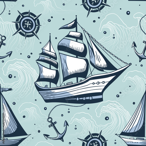 Vintage sea ship ocean blue seamless vector pattern. Hand-drawn sketch with waves and anchor background