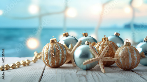 Christmas golden balls and Christmas accessories with starfish on light wooden table with blurry sea background. Celebrate the new year at the seaside. 