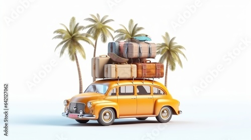 Retro car with surfboard  suitcases and palms  Summer vacation concept  generative ai