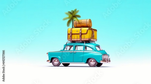 Retro car with surfboard, suitcases and palms, Summer vacation concept, generative ai