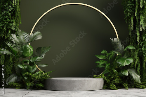 Circle platform podium with green natural concept Created with Generative AI Technology