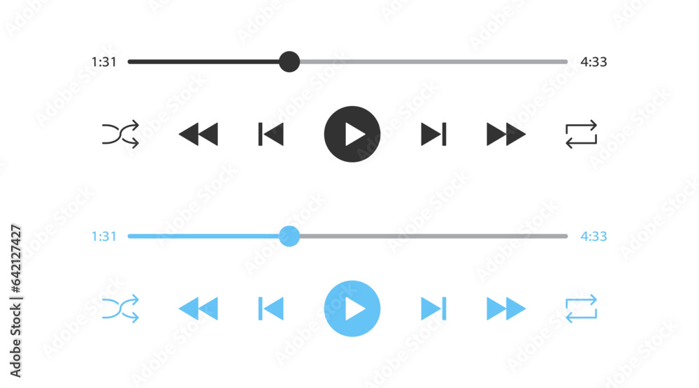 Player interface icon. Audio play signs. Media template symbol. Music bar design symbols. Playlist UI icons. Black, blue color. Vector sign. - obrazy, fototapety, plakaty 
