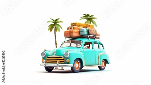 Retro car with surfboard  suitcases and palms  Summer vacation concept  generative ai