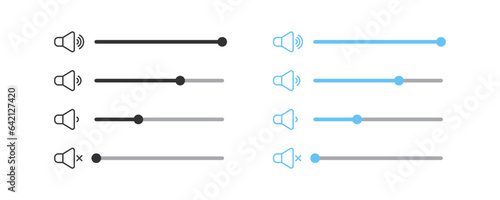 Sound control icon. Audio volume signs. Voice loudness symbol. Music level symbols. Mute speaker icons. Black, blue color. Vector sign.