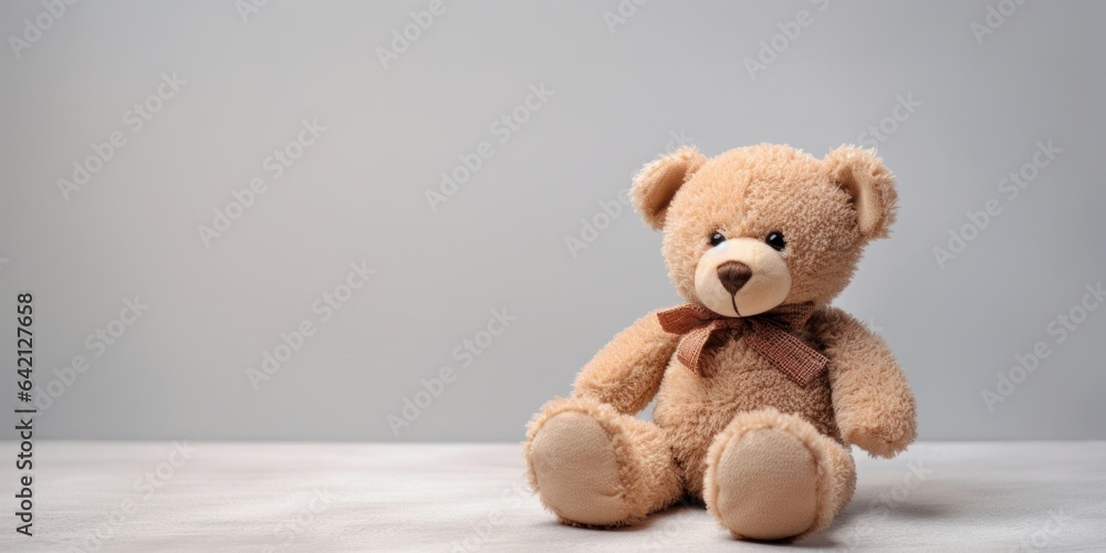Obraz premium Cute teddy bear isolated on soft pastel background, with copy space for ads and text
