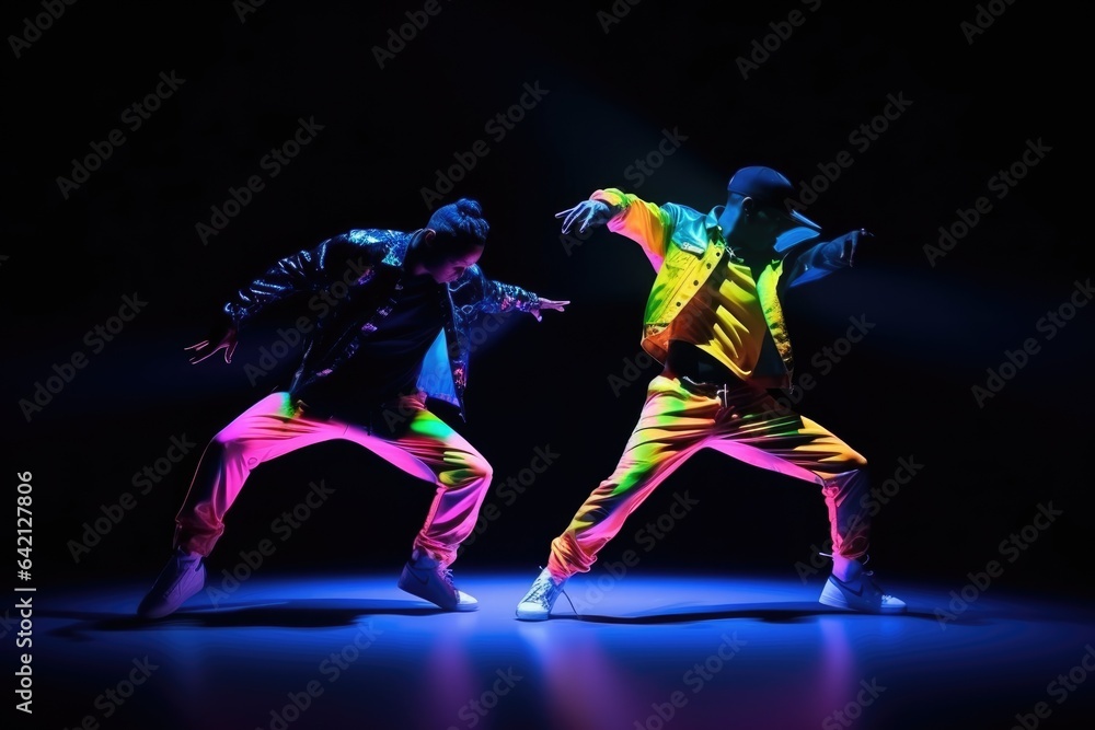 Young expressive hip-hop dancers in UV light