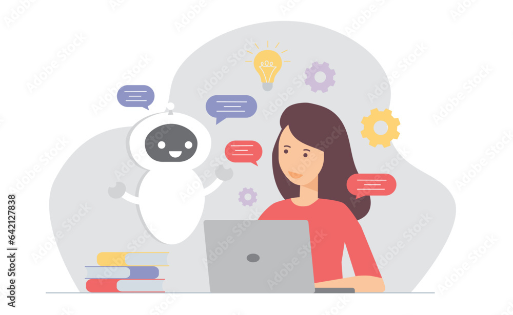 Chat between woman and robotic assistant. Technology, assistance, AI, customer support concept, learning. Chat between woman and robotic assistant. Technology, assistance, AI, customer support concept, learning.