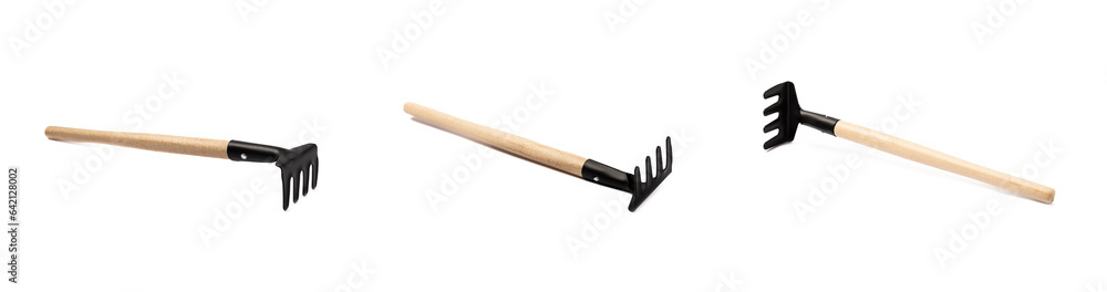 Garden tools isolated on white background. Garden rakes. Garden tools isolated on white background. Garden rakes.