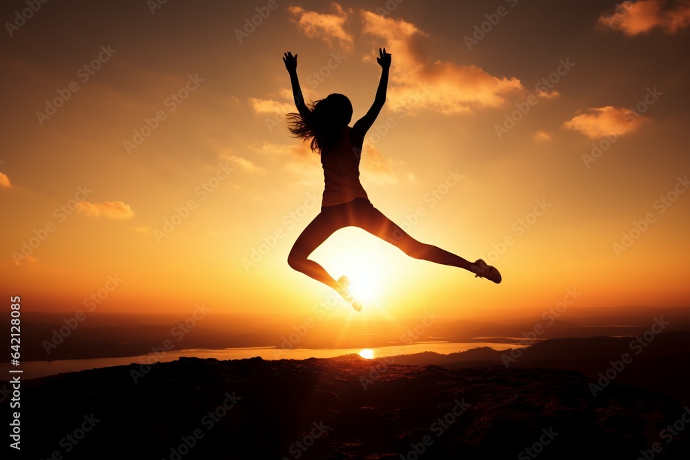 silhouette of runner jumping in triumph with sun set in the background silhouette of runner jumping in triumph with sun set in the background