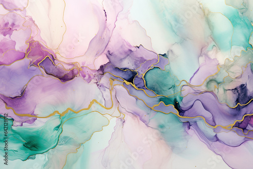 Alcohol ink abstrackt painting pattern using baby pink, seafoam and lavendar with minimal gold accents photo