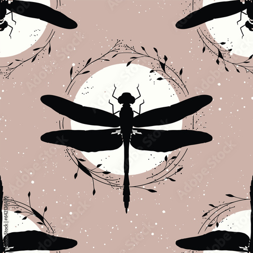 Seamless pattern with ink drawn dragonfly in botanical circle