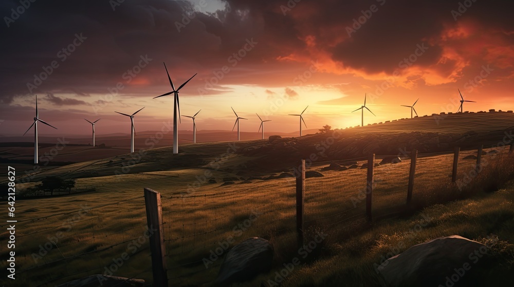 Obraz premium Photo of a picturesque sunset with a group of windmills on a hill