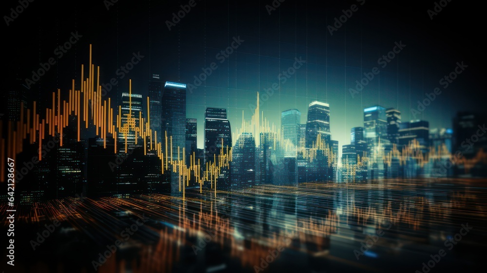 Stock market conceptual image with graphs and skyline background created with Generative AI