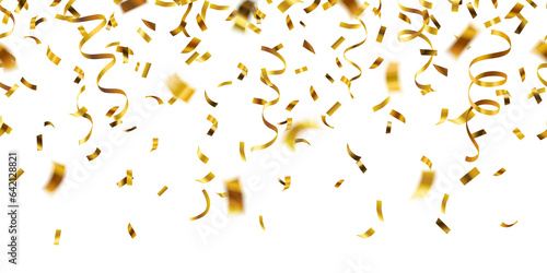 Realistic falling gold confetti and streamers seamless pattern on transparent background