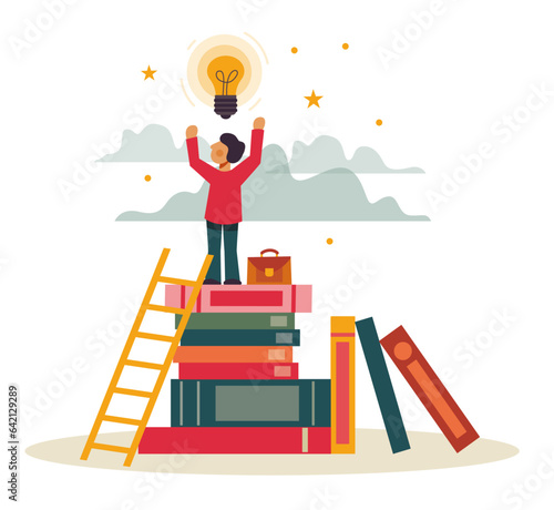 Sky is the limit. A man on a stack of books. Vector illustration. Separated items on a white background. Empowerment and girl power. Accomplishment.