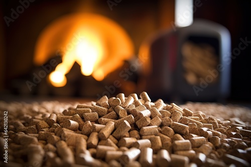 Holzpellets liegen vor dem Kamin. Heizen mit Pellets aus Holz im Winter. Holz für die Pelletheizung vor dem Feuer.