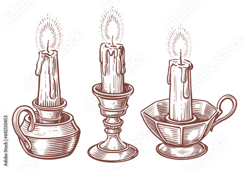 Candlestick with burning candle. Hand drawn sketch engraving style vintage vector illustration