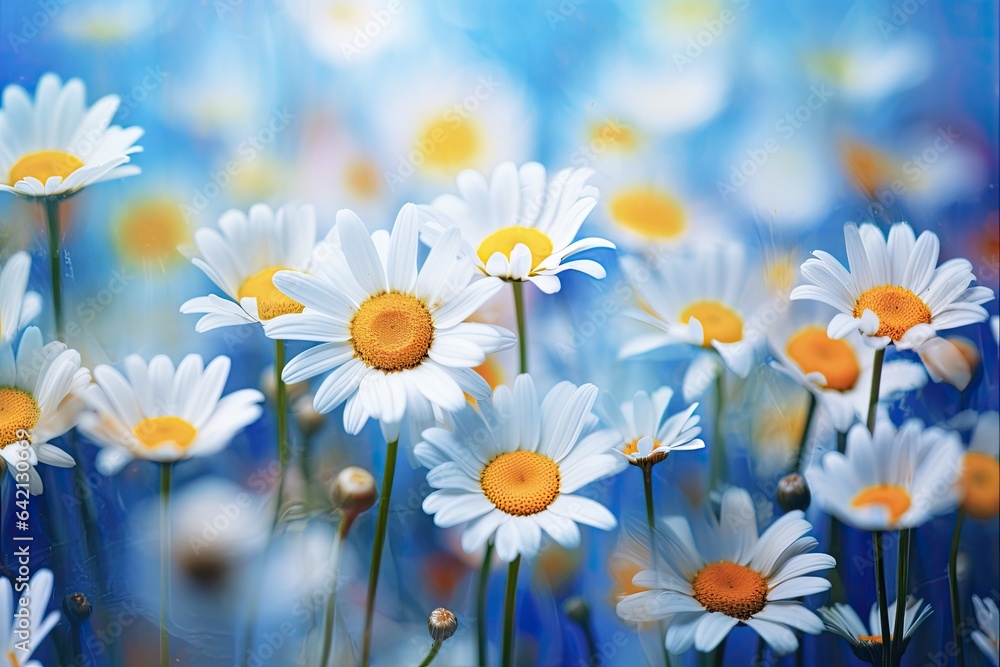 Bold Colors of Summer: Beautiful Blooming Daisy Flowers with Moody Blossom in Blurred Natural Background