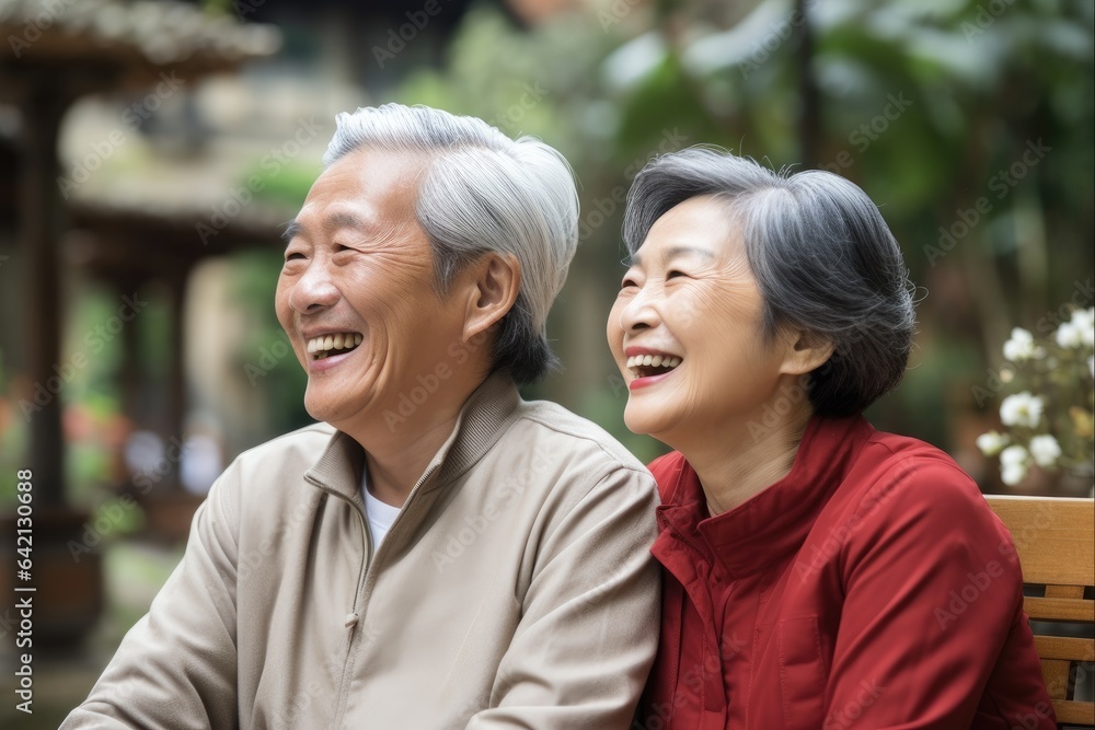 Cheerful Asian Senior Couple Laughing Together in Casual Attire. Perfect for Anniversary and Aged Couples Displaying Love Cheerful Asian Senior Couple Laughing Together in Casual Attire. Perfect for Anniversary and Aged Couples Displaying Love